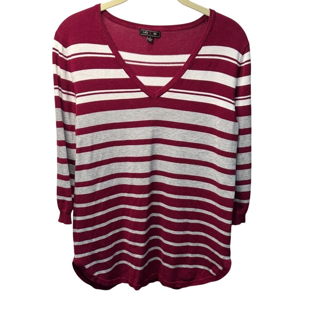 Lety & Me Womens Burgundy White Grey Striped V-Neck 3/4‎ Sleeve Sweater Large